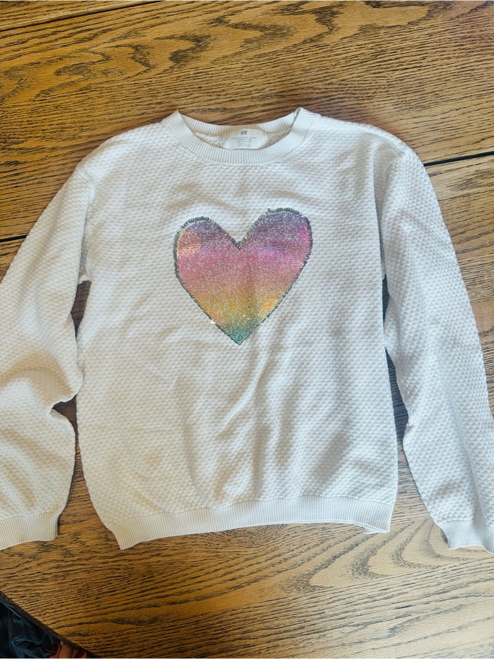 H&M White Crewneck Sweater with Rainbow Sequin Heart